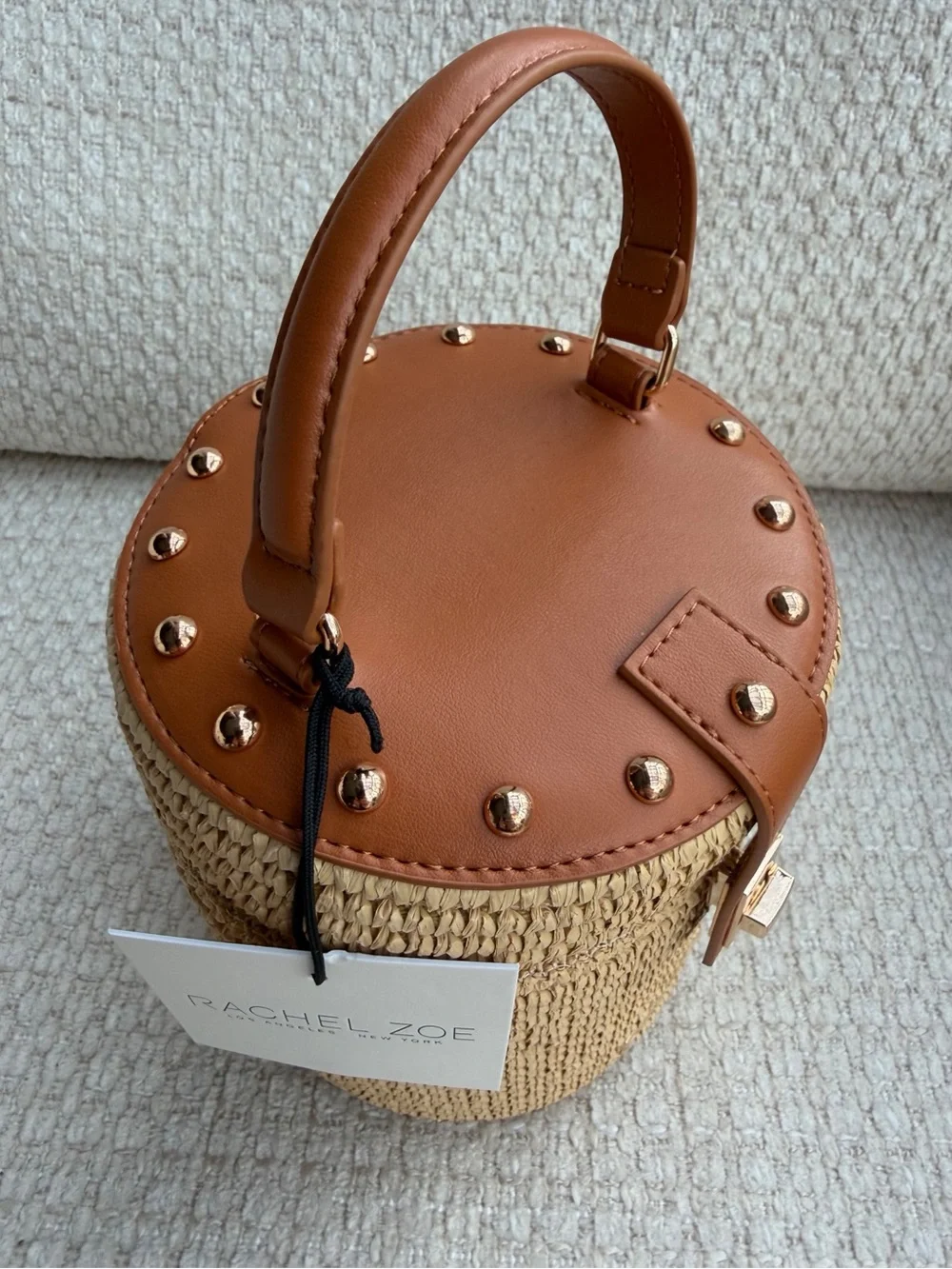 Rachel Zoe Woven Straw Cylinder Vanity Bucket Bag Crossbody Top Handle Studded - Picture 10 of 10
